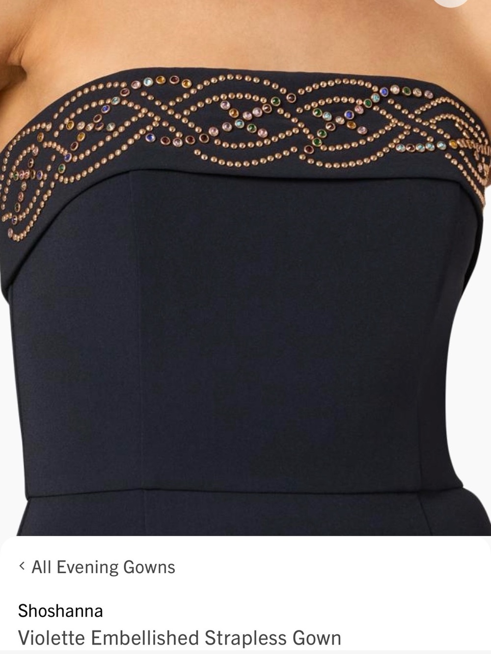 Shoshanna Strapless Navy Gown with Gold Beadwork and Multicolor Gems